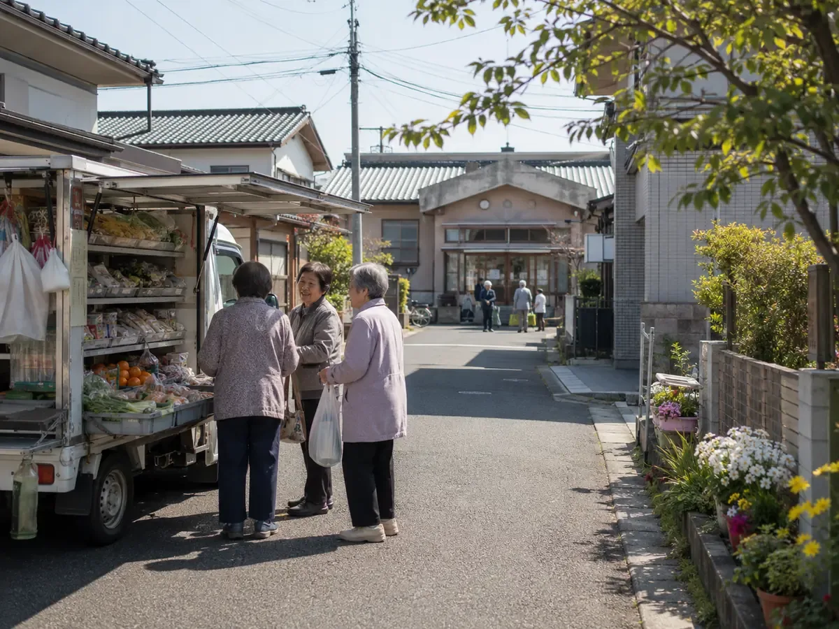 住宅地に停まった移動スーパーの販売車で買い物をする高齢の女性たち