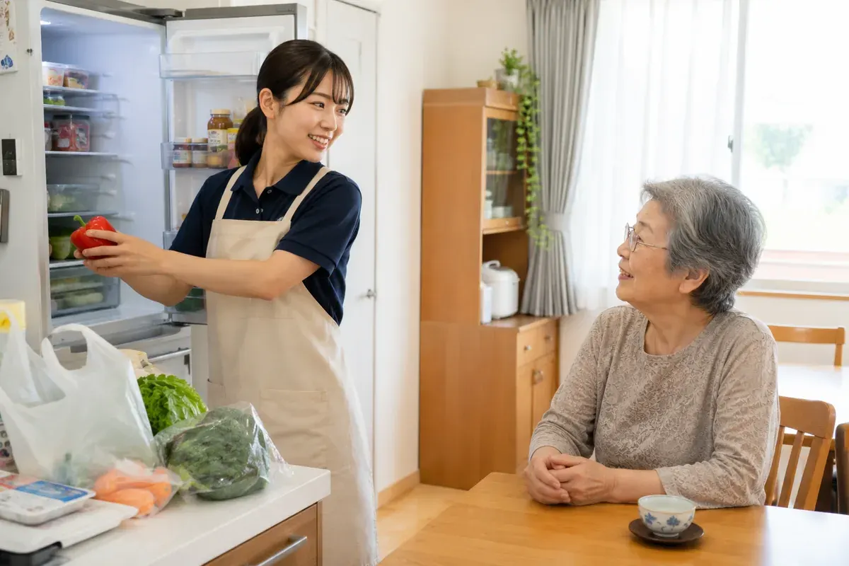 訪問介護のヘルパーが買い物代行した食材を冷蔵庫にしまう様子
