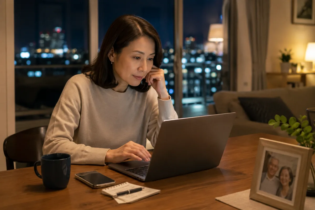 夜のマンションで実家の親のために食料品をネット注文する女性