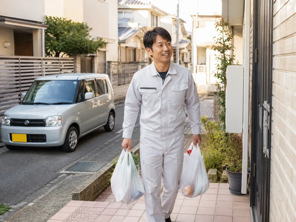 買い物袋を提げて訪問する便利屋のスタッフ