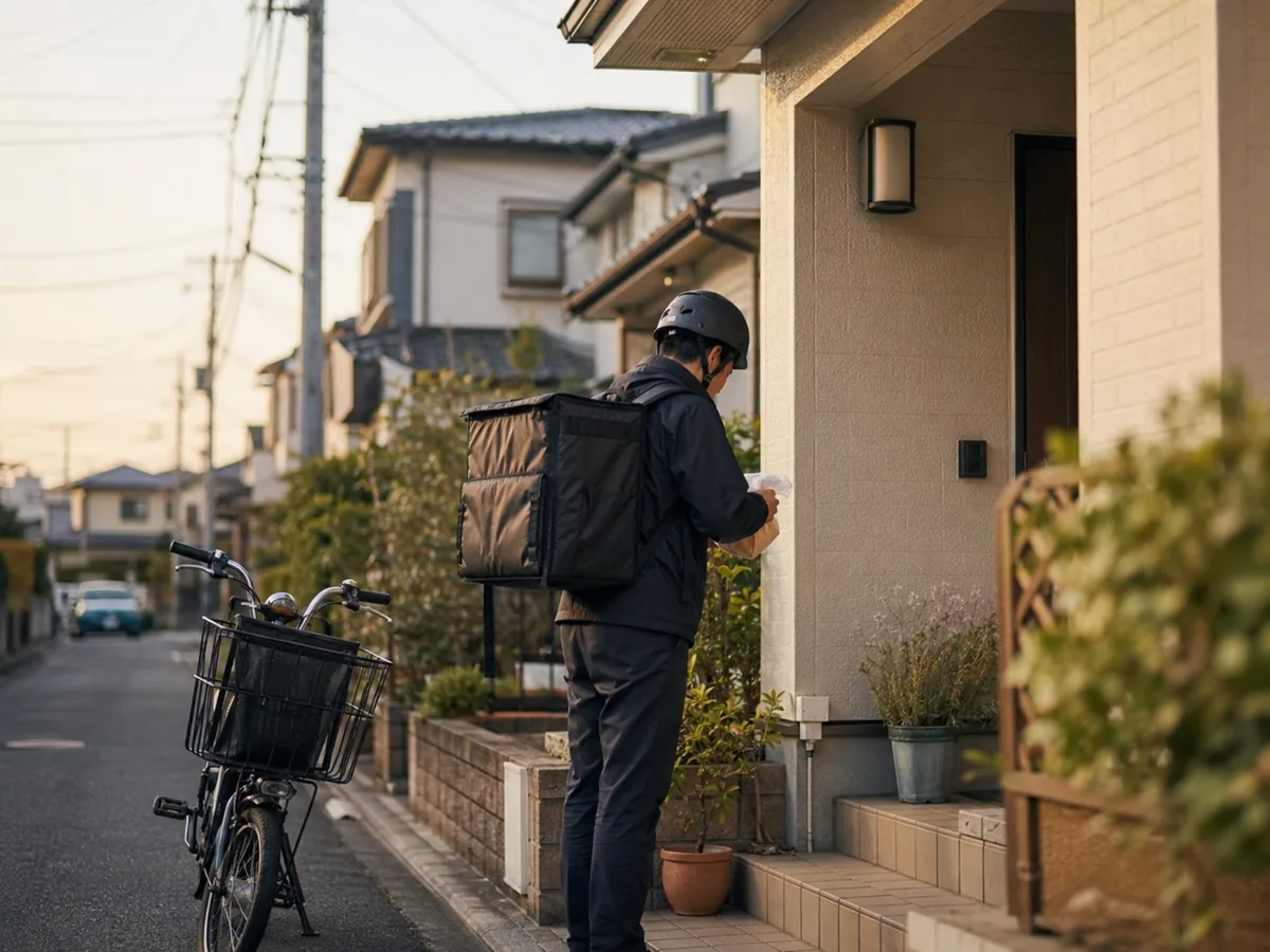 保温バッグを背負い戸建て住宅に料理を届けるフードデリバリーの配達員