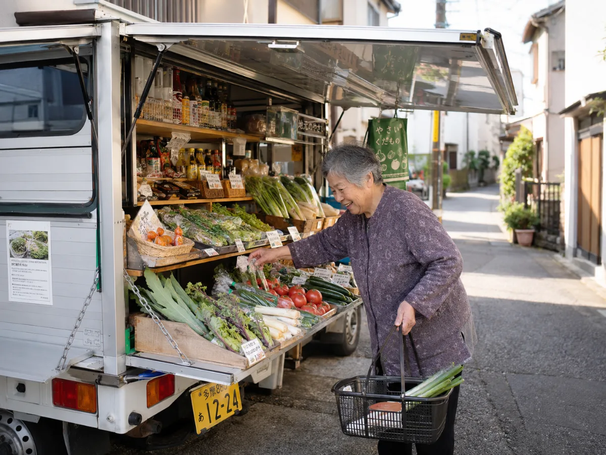 松江市の移動スーパーで買い物をする高齢女性