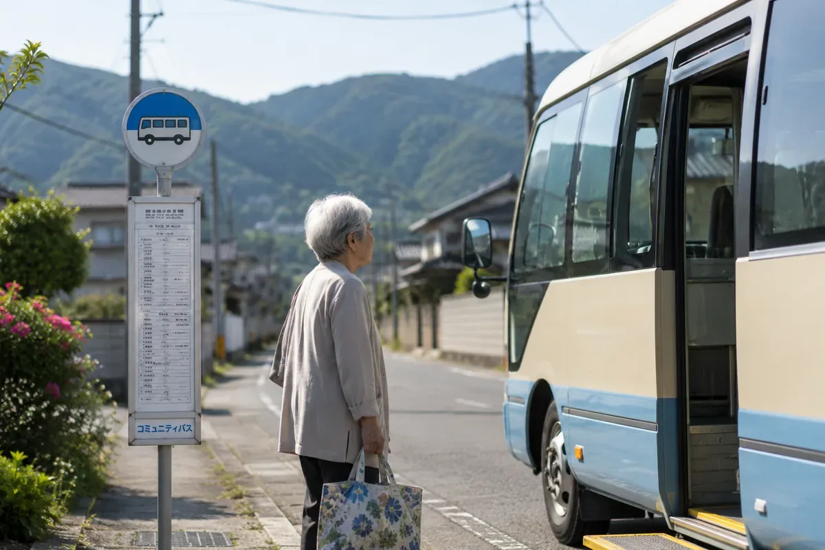 買い物袋を持ちバス停でコミュニティバスを待つ高齢女性