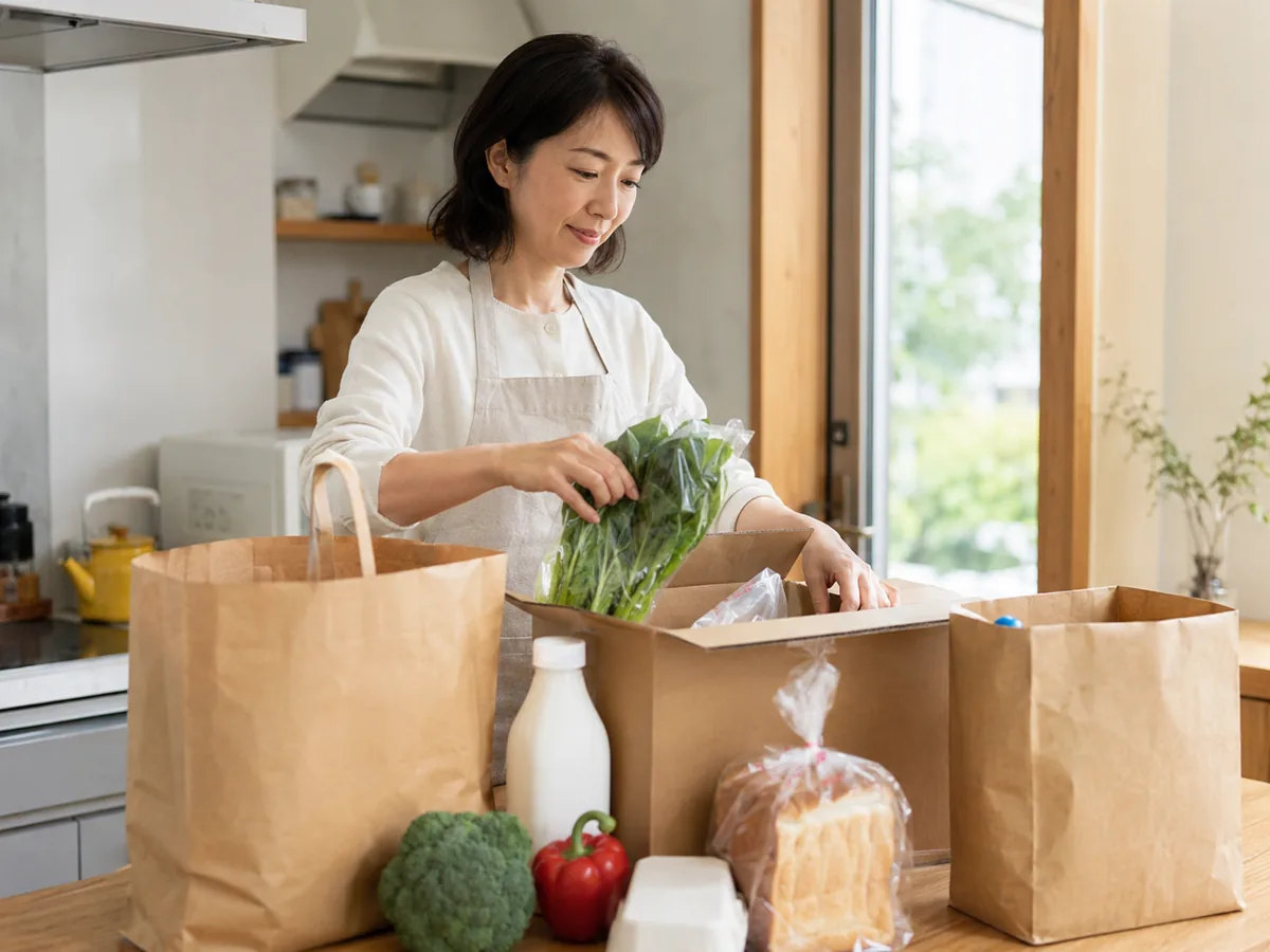 宅配された食料品をキッチンで受け取る女性