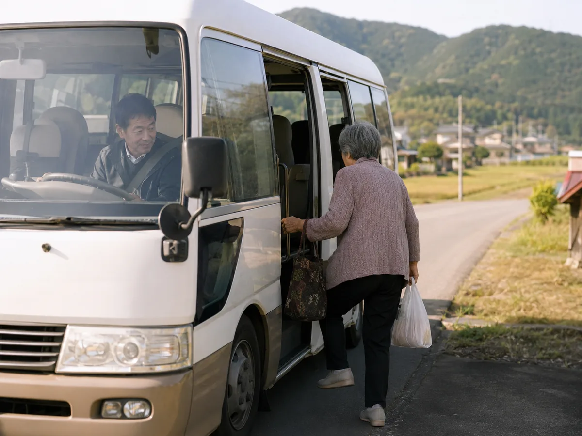 買い物袋を持ってデマンド型の乗合バスに乗り込む高齢の女性
