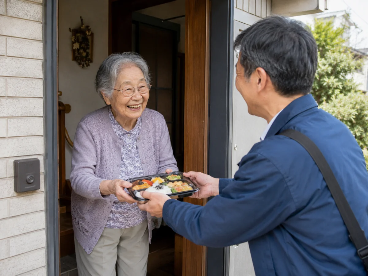 配食サービスのお弁当を受け取る高齢者