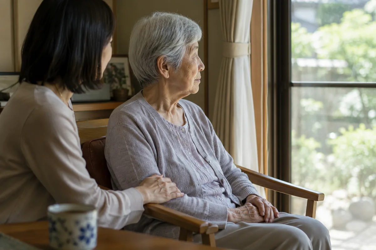 窓辺に座る高齢の母親の腕にそっと手を添えて寄り添う家族