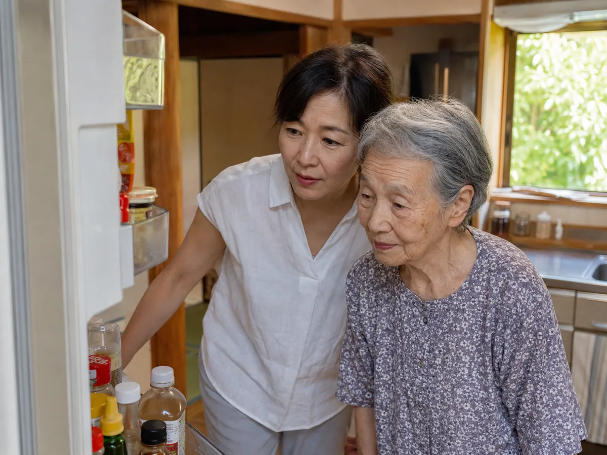 帰省した娘と高齢の母が実家の冷蔵庫を一緒に確認する様子