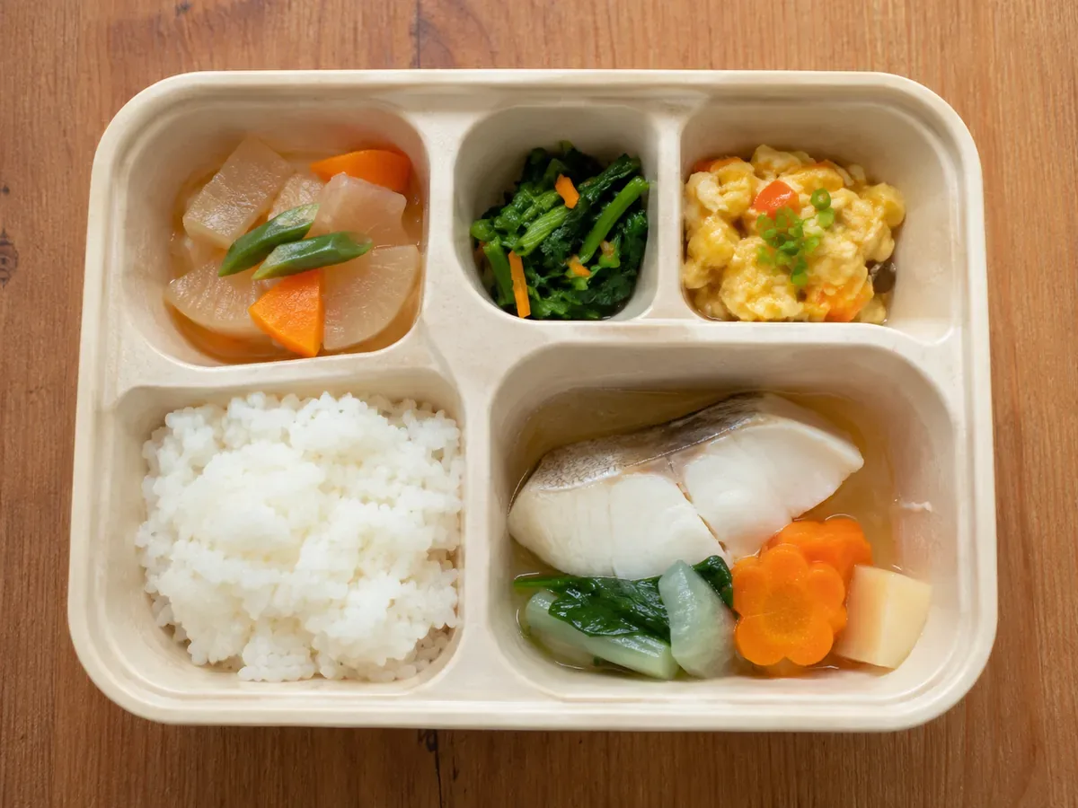 やわらかく薄味に調理された、栄養に配慮した配食用の弁当