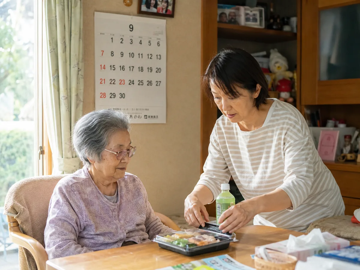 退院した高齢の母に配食の弁当と飲み物を用意して寄り添う娘