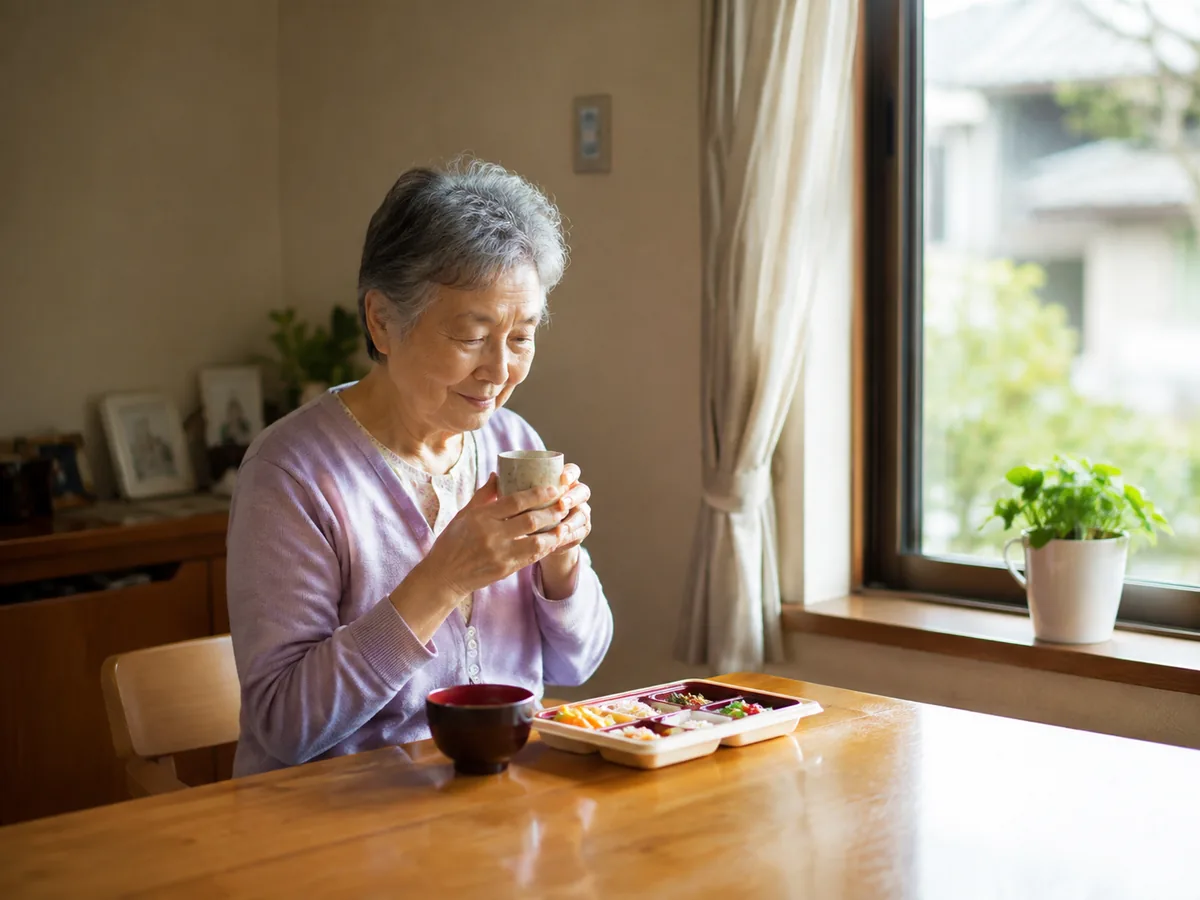 一人分の食卓で配食の弁当とお茶を前にする高齢女性