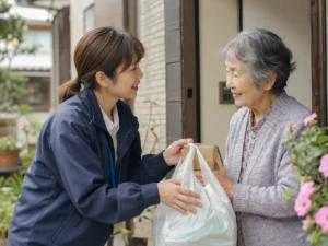 紺の制服姿の配達スタッフが玄関先で高齢女性に商品を手渡しながら様子を気づかう