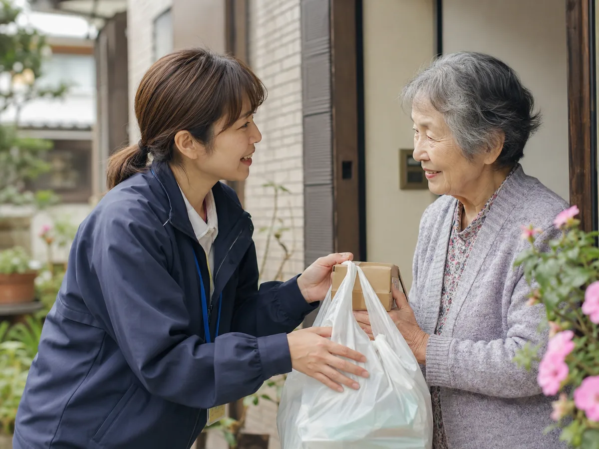 紺の制服姿の配達スタッフが玄関先で高齢女性に商品を手渡しながら様子を気づかう